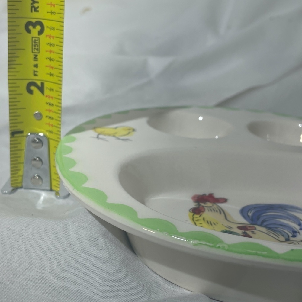 Vintage Hand Painted On Green Trimmed Divided Serving Bowl Country Farm Chicken - Picture 6 of 7